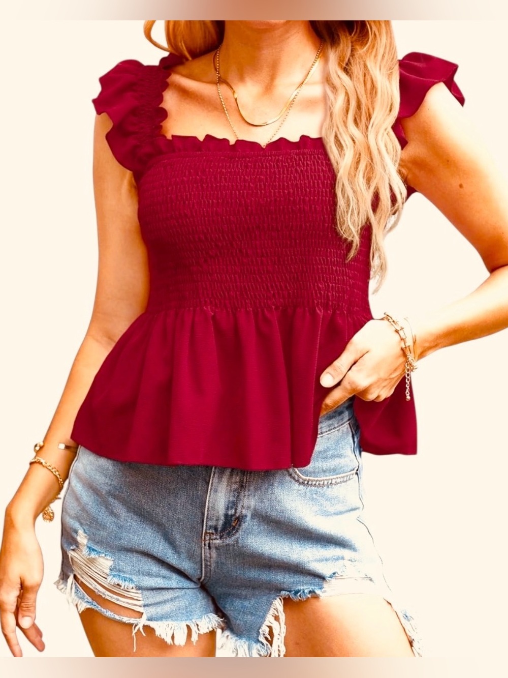 Summer Smocked Peplum Boho Tank Top Square Neck Ruffle Sleeveless Wine Size XXL